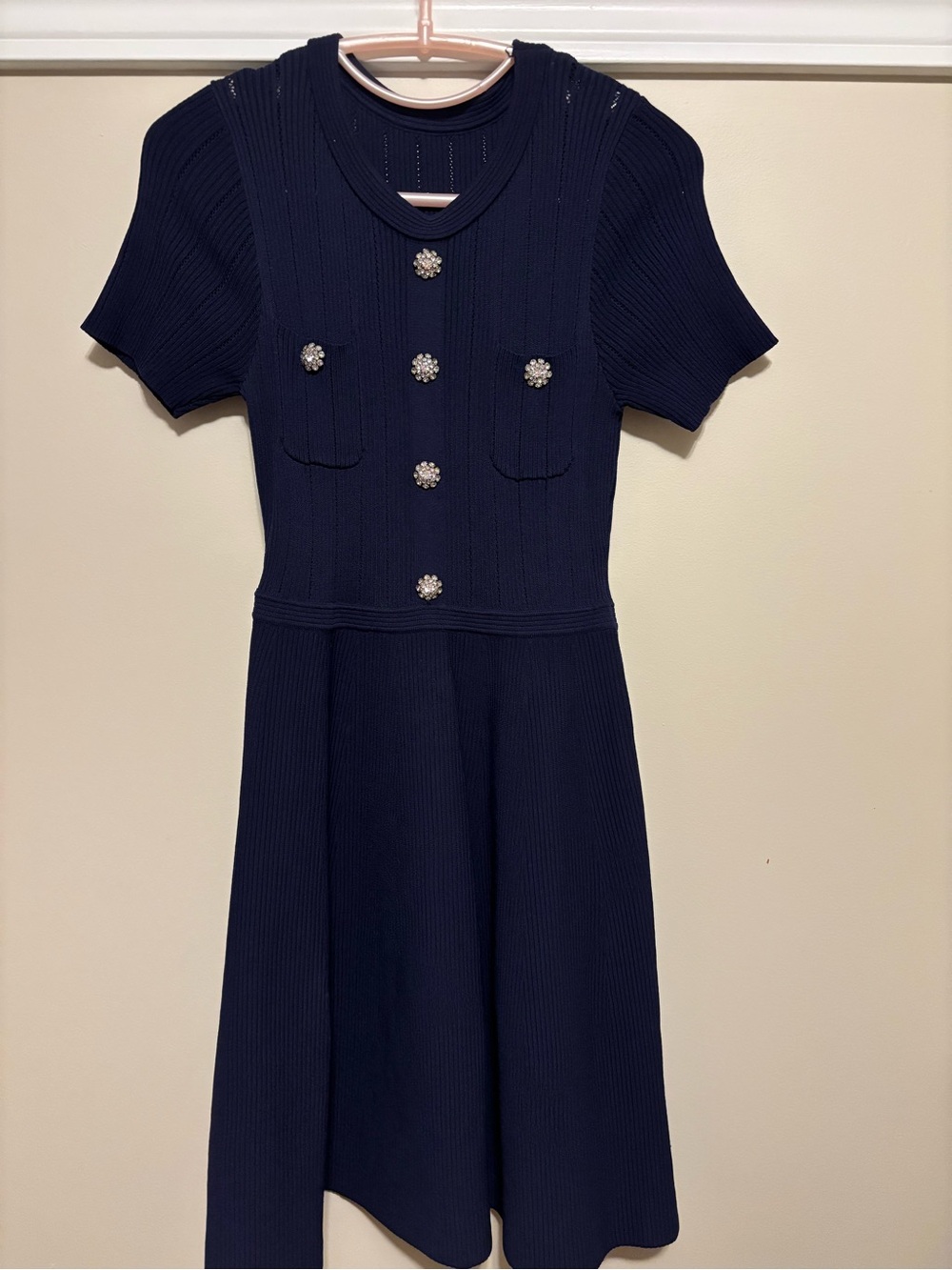 Girls' Navy Short-Sleeve Knit Dress with Decorative Buttons